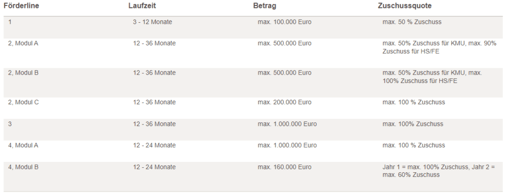 Tabelle mit Förderquoten je nach Förderlinie des Förderprogramms Distr@l. Quelle: WIBank