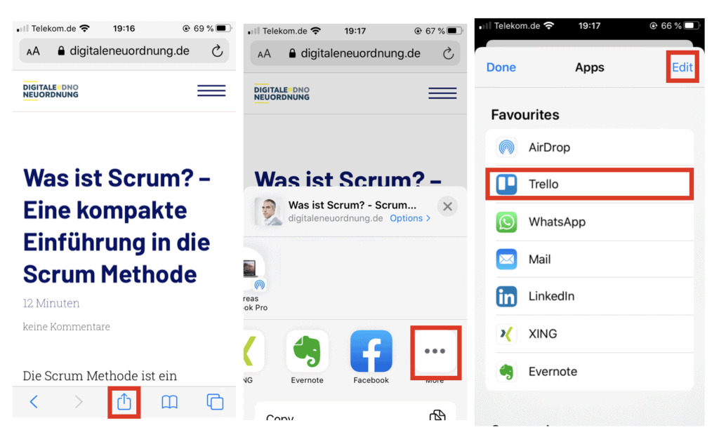 Klicke auf den Button "Hochladen/Share", wähle dann Trello aus.