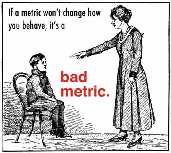 Der Suppenkaspar sitzt auf einem Stuhl, vor ihm steht eine streng aussehende Frau. Das Bild trägt den Text: „If a metric won‘t change how you behave, it‘s a bad metric.“