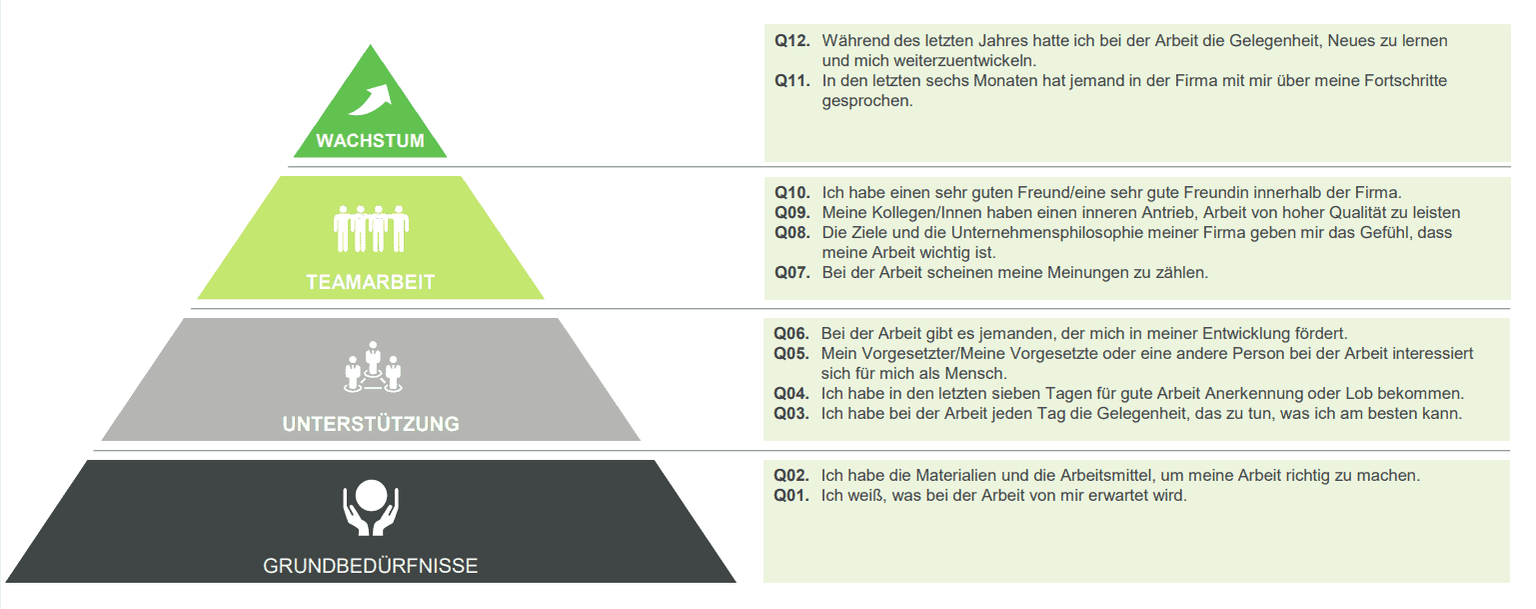 Die vier Kategorien und zwölf Fragen des Gallup Engagement Index