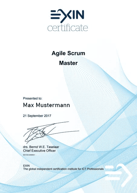 Beispiel eines Agile Scrum Master Zertifikats von EXIN