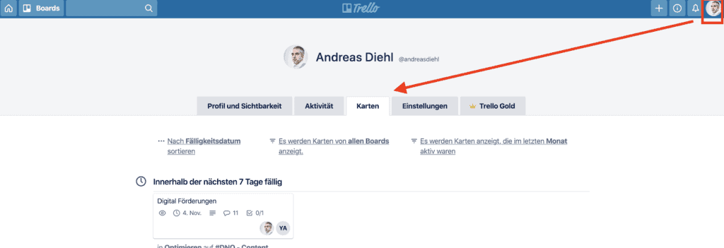 Trello Board - persönliche Ansicht