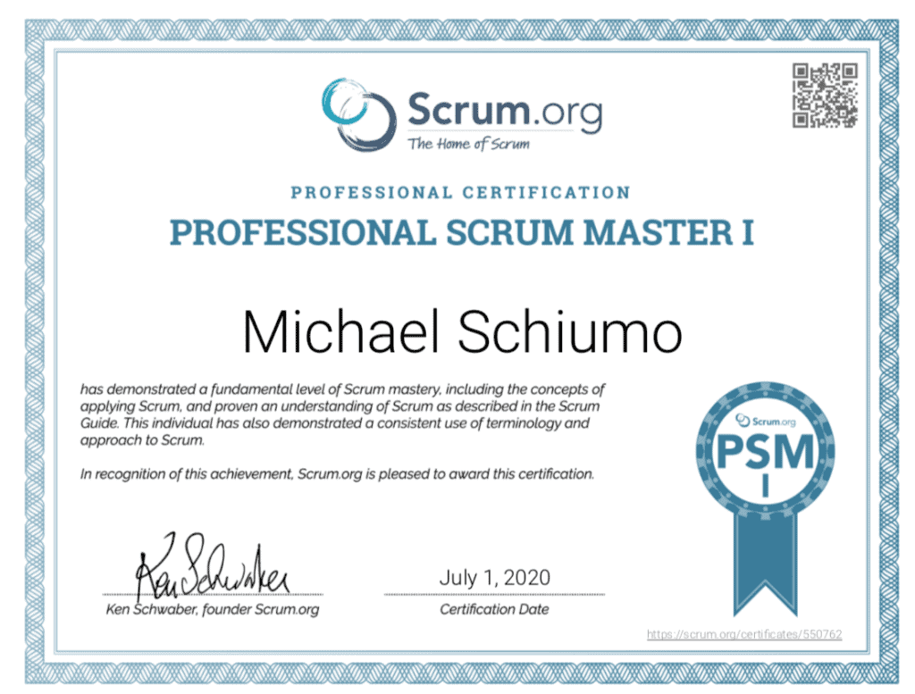 Beispiel eines Professional Scrum Master Zertifikats