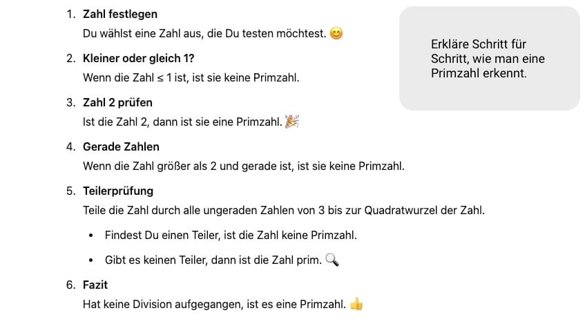 Screenshot: Chain-of-Thought Prompting am Beispiel einer Primzahl - Quelle: ChatGPT