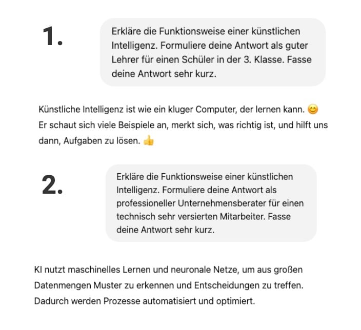 Zwei Beispiele fĂŒr ein Instruction-Tuning Prompting in Kombination mit einem Role Based Prompting - Quelle: ChatGPT