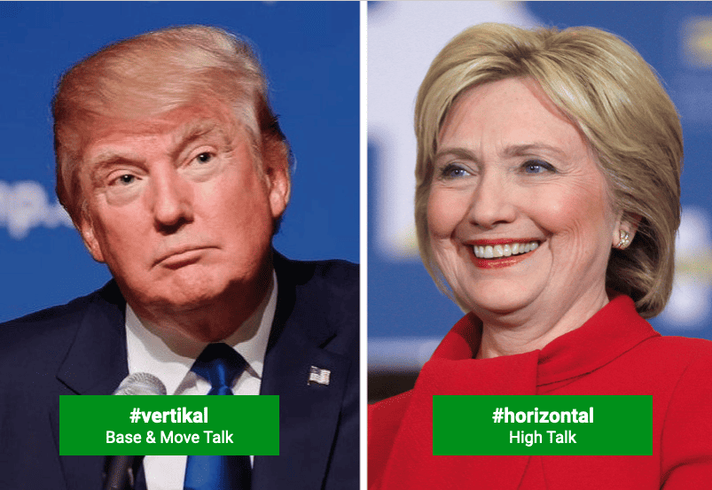 Gegenüberstellung: Links Trump #vertikal, rechts Clinton #horizontal